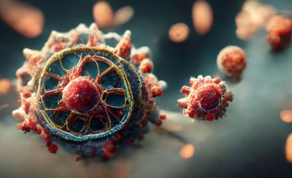Understanding the structure of Langya virus is a step towards developing treatments and vaccines. Image: Adobe. a grey ball covered in red blobs and yellow and red lines